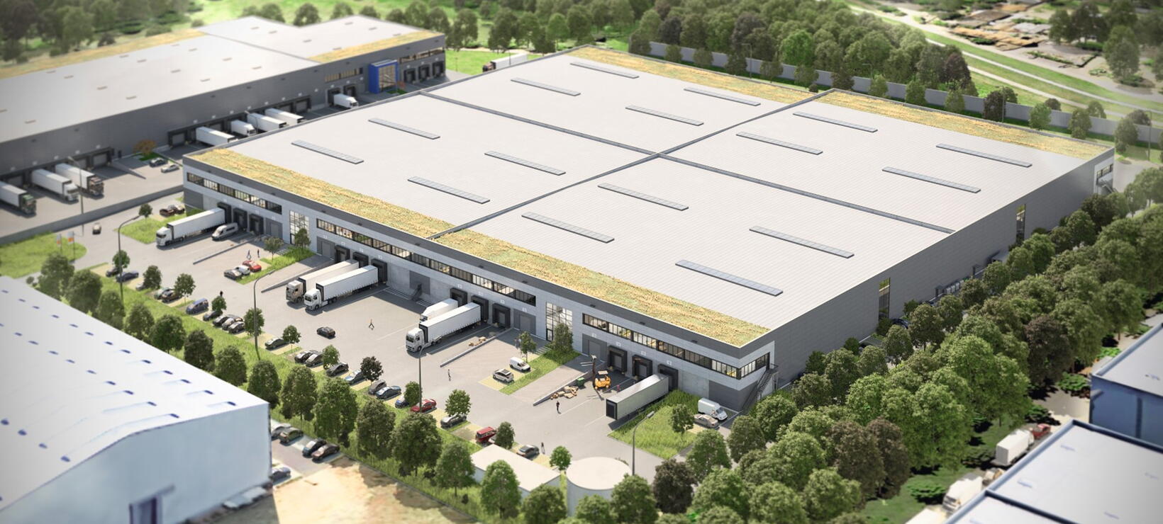 Blick aus der Vogelpersektive auf das Logistikzentrum der Firma Movianto